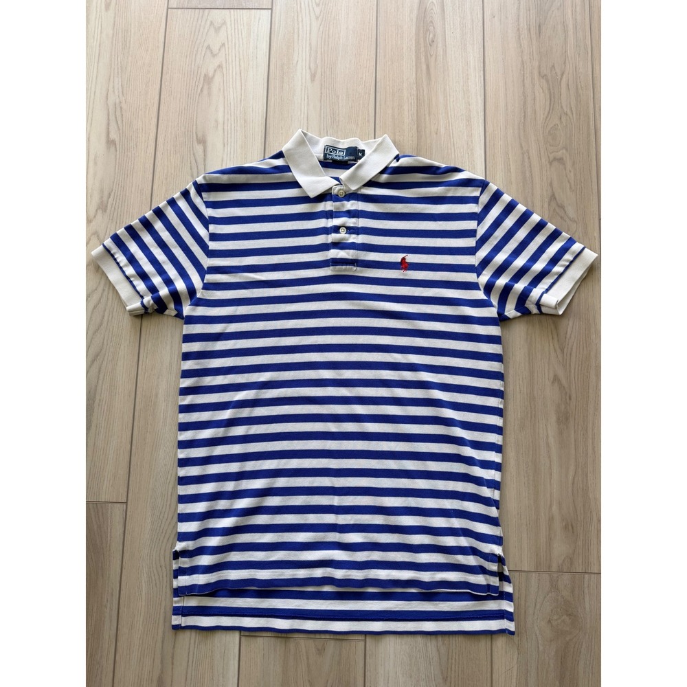 Vintage Polo Ralph Lauren Polo Shirt Mens M Blue White Striped Pony Logo